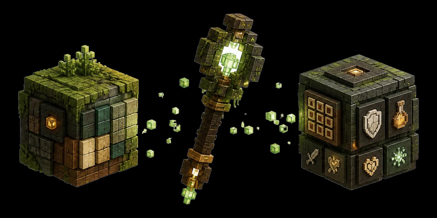A custom voxel item between coordinated resource-pack and datapack cubes