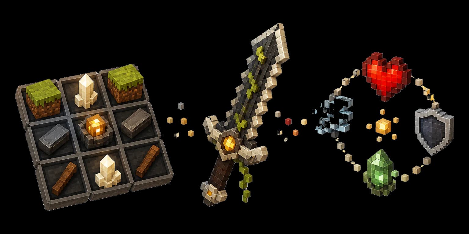 A voxel crafting grid leading to a custom sword and gameplay effect symbols