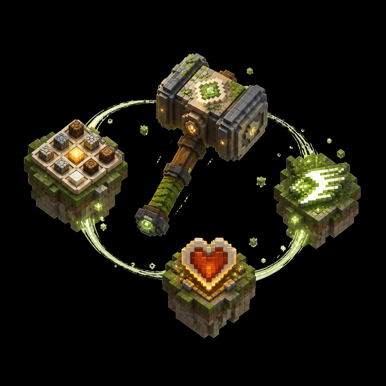 A voxel fantasy hammer connected to crafting, speed, and health symbols