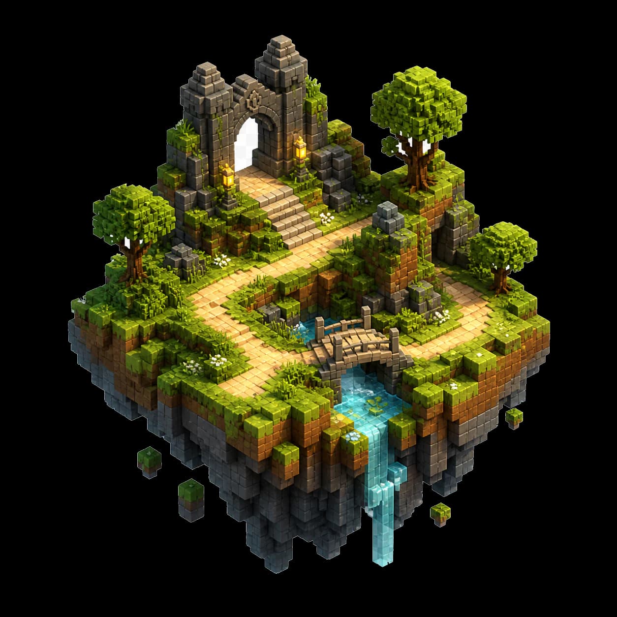 A detailed floating voxel island with paths, trees, a bridge, and a stone gate