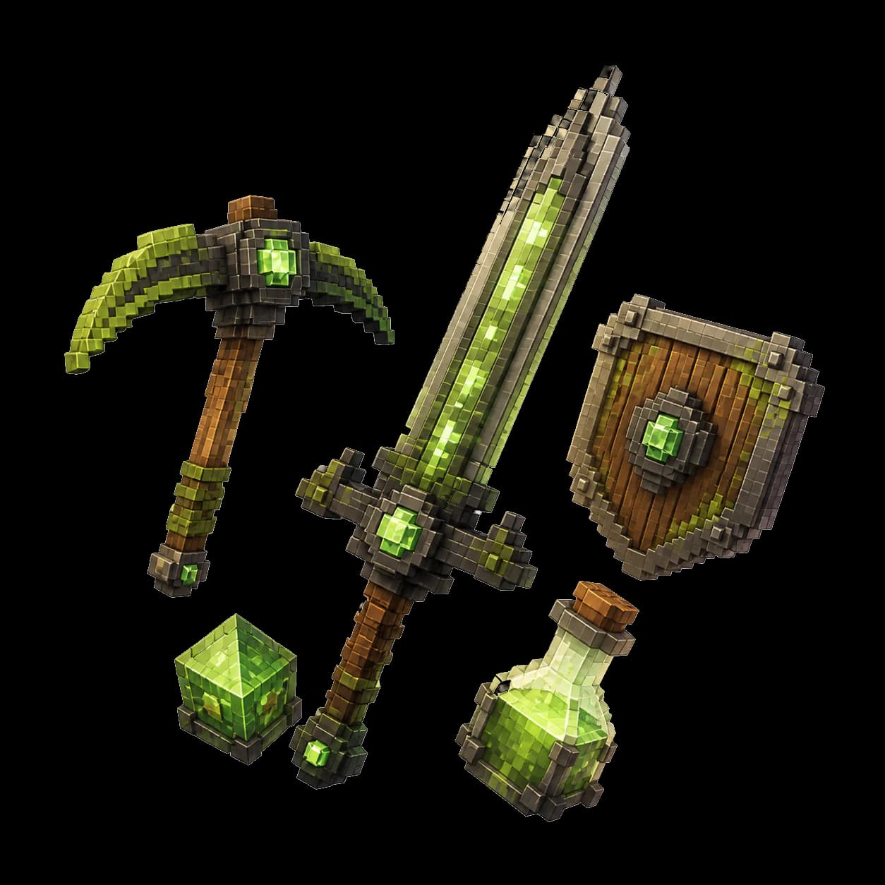 A floating collection of original voxel-style fantasy tools, weapons, and items