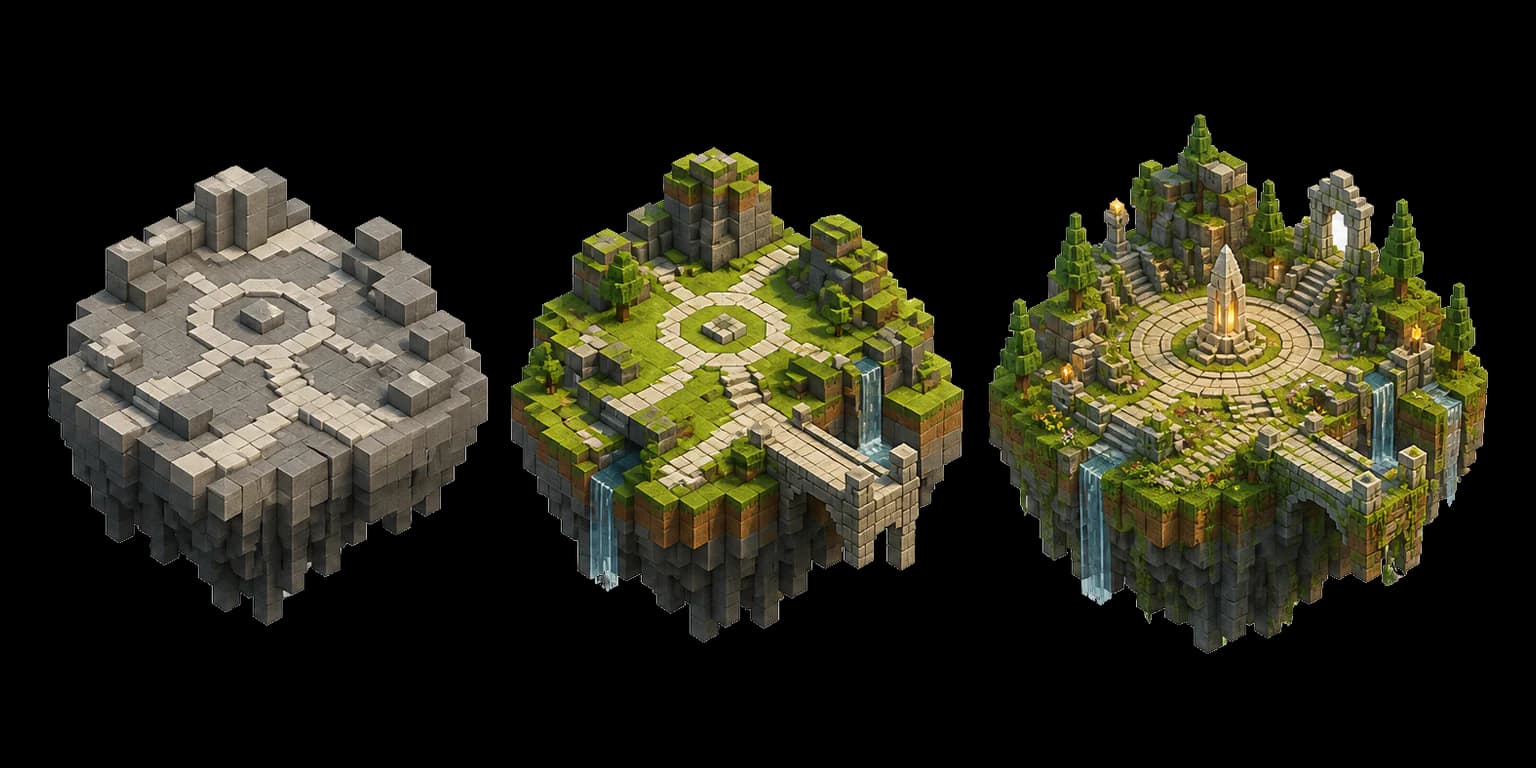 Three floating voxel islands showing a map evolving from blockout to a detailed playable arena
