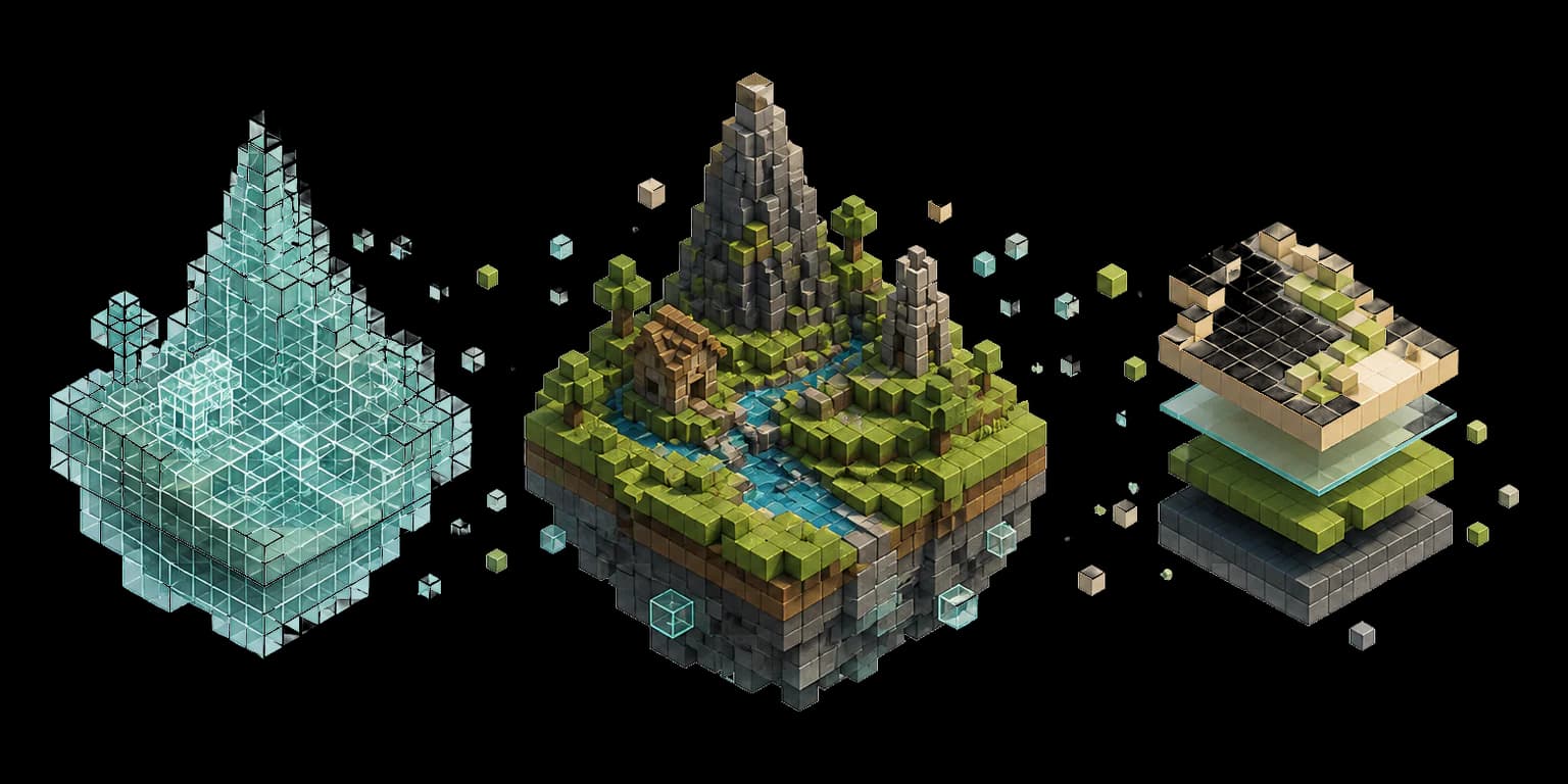 A voxel map shown as a transparent preview, finished island, and layered schematic export