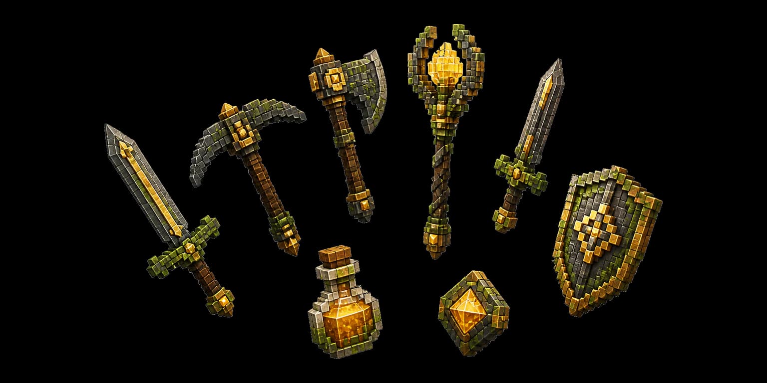 A coordinated collection of eight original voxel fantasy items
