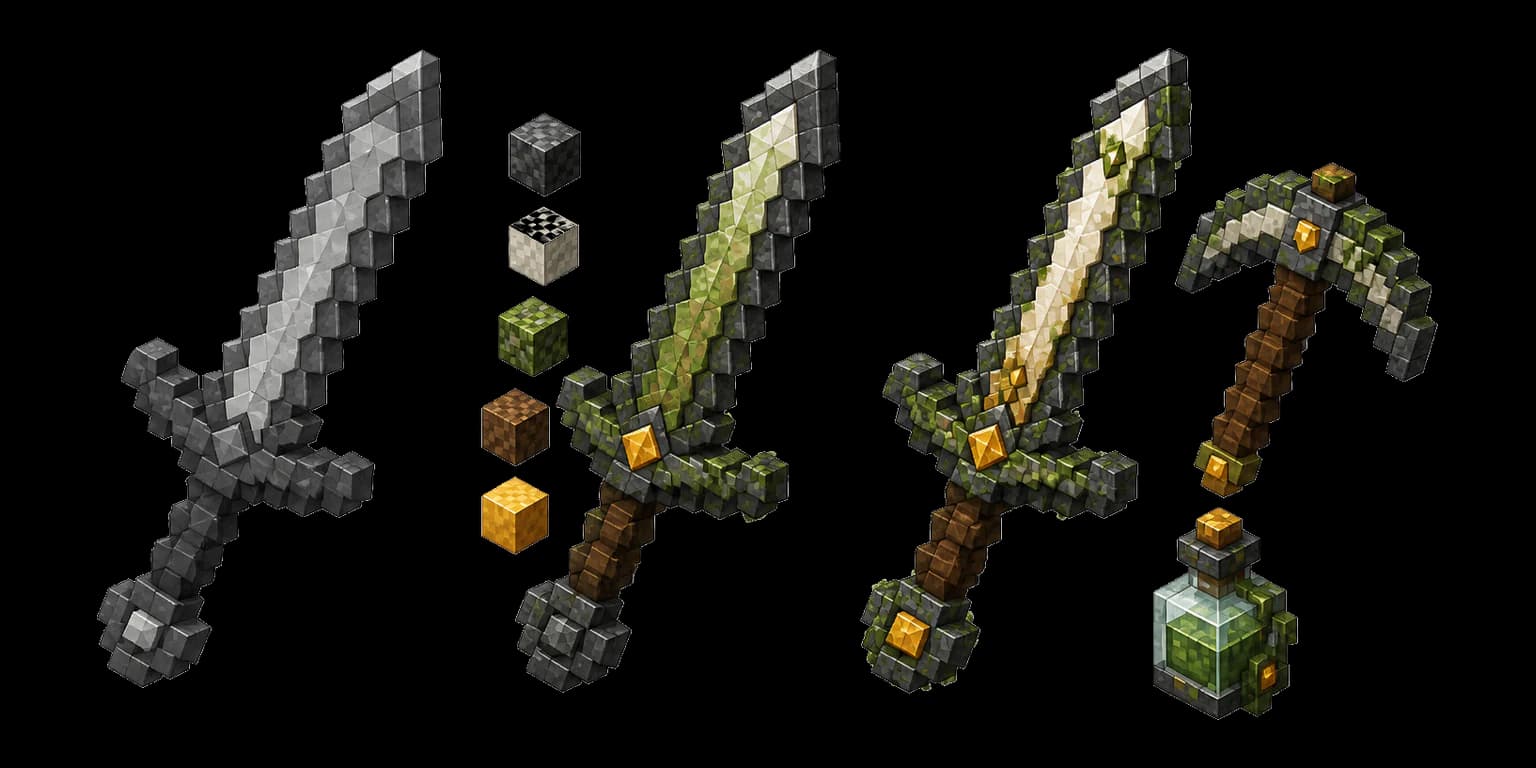 A voxel sword evolving from a monochrome silhouette into a finished coordinated item set